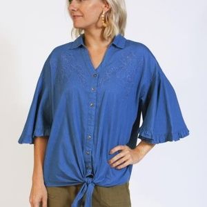 Retro-Inspired Embroidered Chambray Tie-Front Top